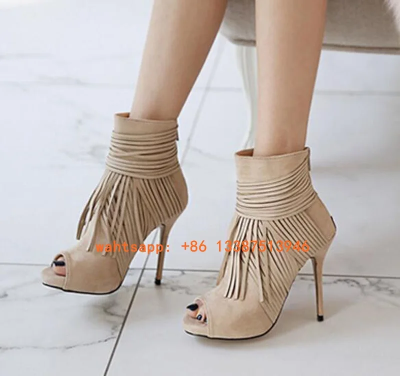 Women Fashion Open Toe Suede Leather Tassels Ankle High Heel Boots Ankle Wrap Fringes Zipper-up Short Boots Gladiator Boots