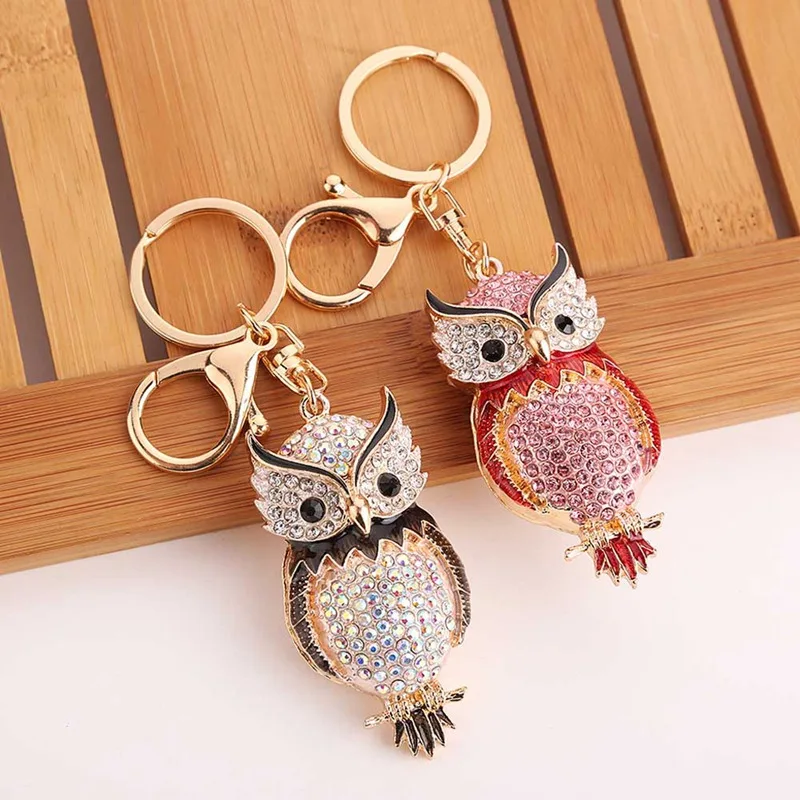 Owl Keychain Pendant Leather Car Key Holder Gold Bag Keychain Gift For Girls Colors Rhinestone