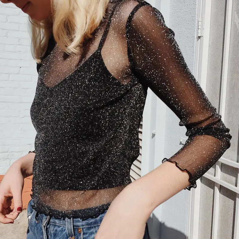 

Ladies Mesh Sexy Party perspective bling bling Clubwear Long Sleeve T-Shirt Tops Casual Fashion female T-shirt for women