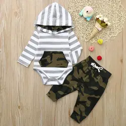 Полосатый комбинезон с капюшоном и длинными рукавами для малышей, комбинезон + камуфляжные штаны, Одежда для новорожденных девочек и