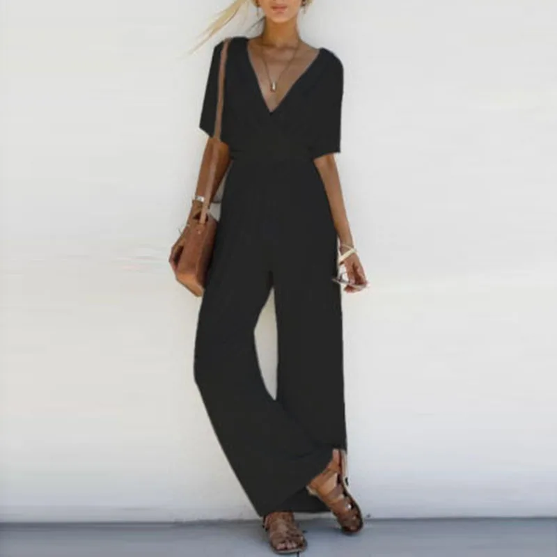 Women's V Neck Long Playsuit Ladies Short Sleeve Casual Evening Jumpsuit Romper