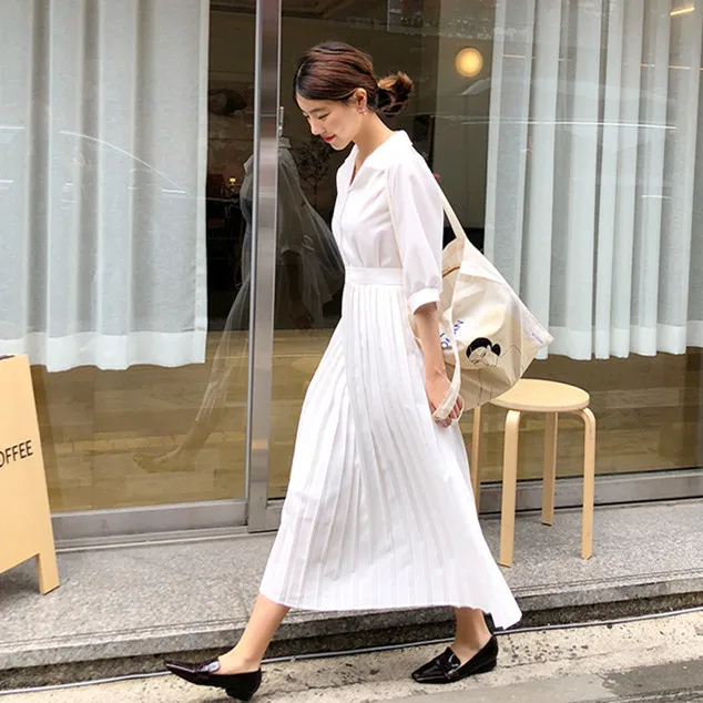 

2018 New Summer Women A line Cotton OL Casual short Sleeve Dresses Female Dress Turn-down Collar Solid Shirt dress