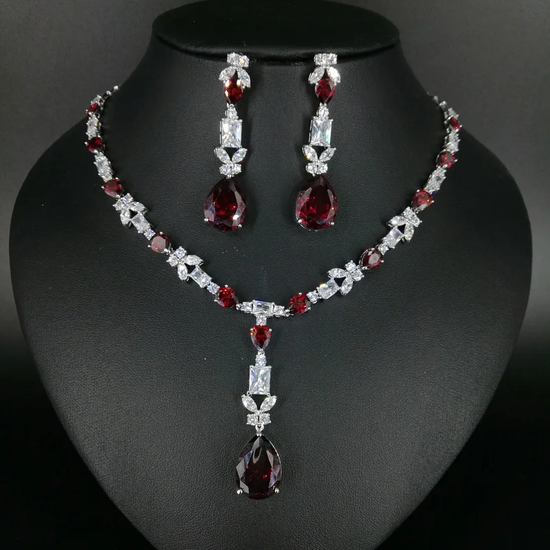 

2019 new fashion popular red water drop necklace earring jewelry set wedding bride dressing banquet formal jewelry free shipping