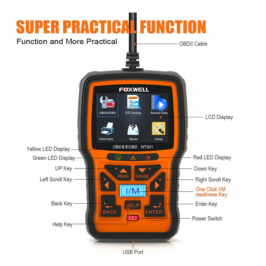 FOXWELL NT301 OBD2 сканер Профессиональный EOBD OBDII код считыватель двигателя проверка ODB2 OBD 2 Автомобильный сканер автомобильный диагностический инструмент