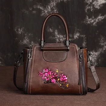 

2019 Luxury Women Genuine Leather Handbags Ladies Retro Elegant Shoulder Messenger Bag Cow Leather Handmade Womans Bags