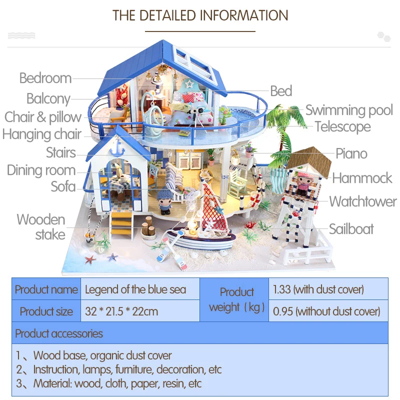 DIY LED Dollhouse Sea Miniature Villa With Furniture Wooden House Room Model Kit Gifts 3D Toys For Children Kids Doll House