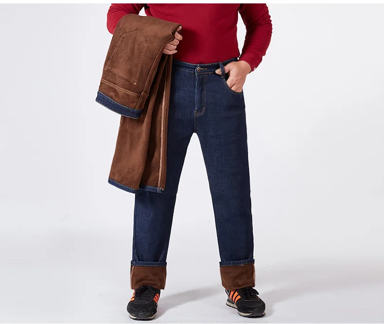 Drizzte зимние коричневые фланелевые теплые мужские джинсы для больших и высоких плюс размер 40 42 44 46 48 50 52 джинсовые штаны