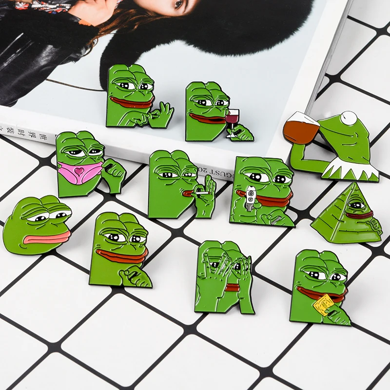 

Sad Pepe Frog Series pins Funny Action Brooches Badges Bag Clothes Accessories Enamel pins Gifts For Pepe fans Jewelry wholesale