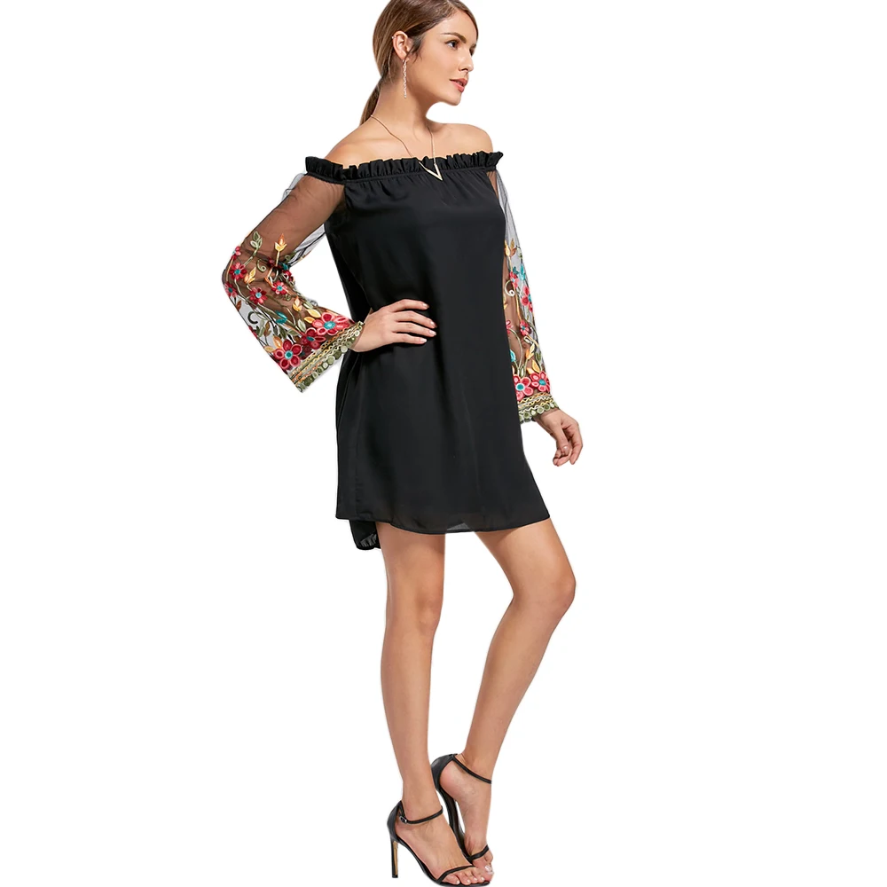 VESTLINDA Embroidery Flare Sleeve Off Shoulder Dress Women Summer Dress 2018 Short Mini Vestidos Black Tunic Dress Robe Femme 5