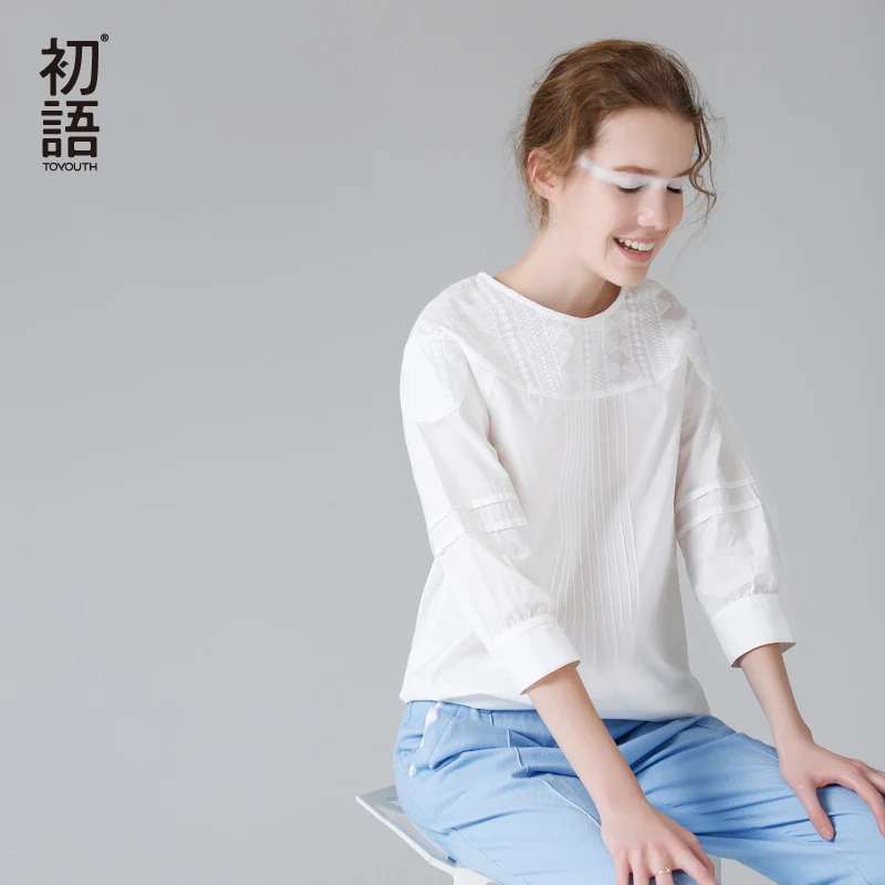 

Toyouth Women Cotton Shirts 2019 White Solid Color Loose O-Neck Collar Three Quarter Sleeve Casual Shirts All Match camisa Tops
