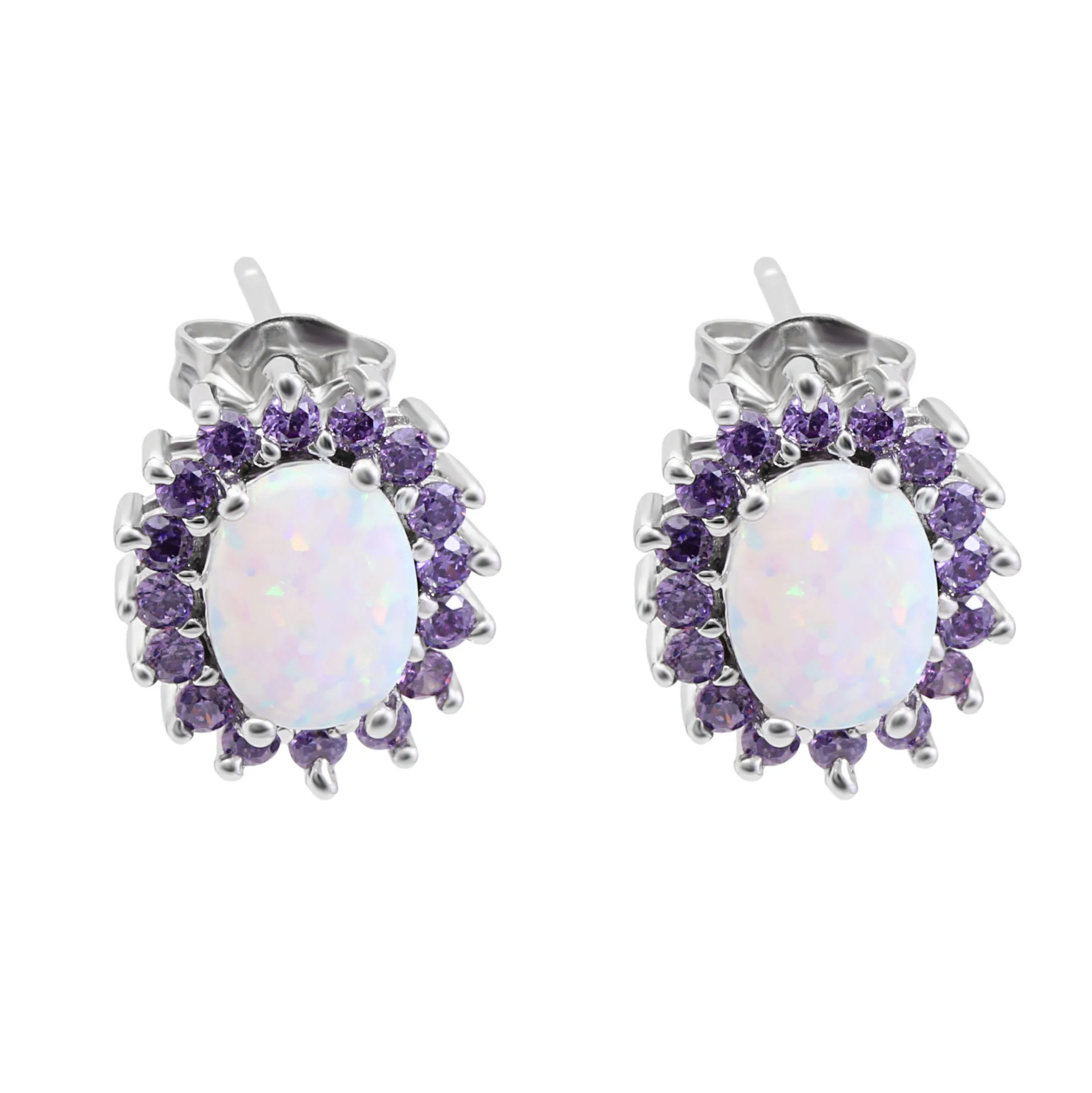 

Beautiful Flower Luxury White Fire Opal Earring For Women Purple Zirconia CZ Oval Silver Color Stud Earring Wedding Jewelry Gift