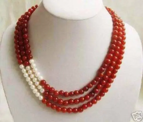 

FREE shipping> Superb 3 Rows 8mm Red Ruby and White Pearl Necklace BV24