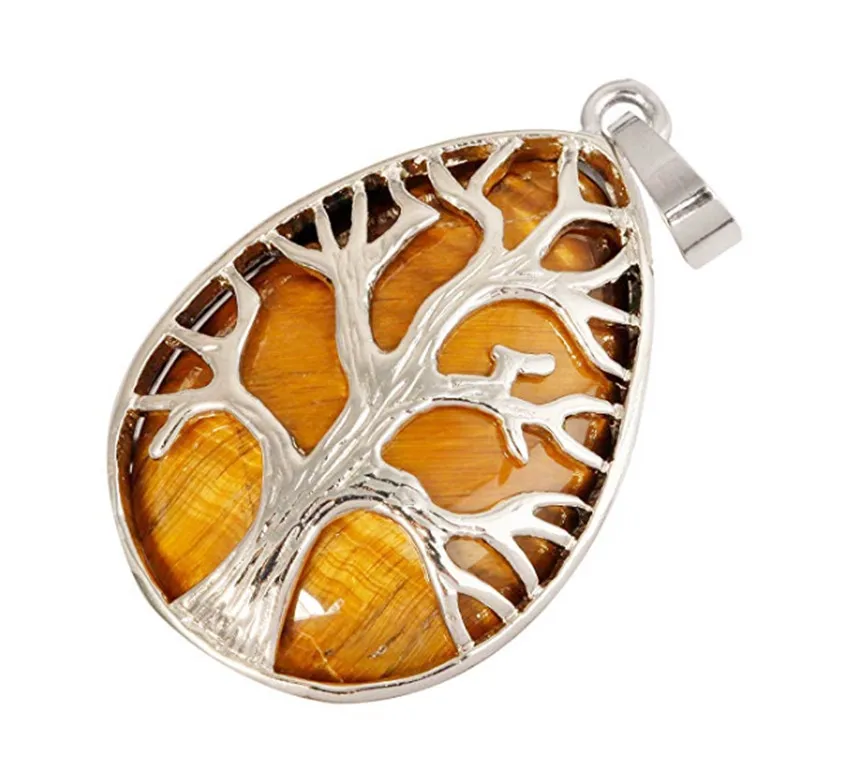 

FYJS Popular Jewelry Silver Plated Tree of Life Water Drop Natural Tiger Eye Stone Pendant