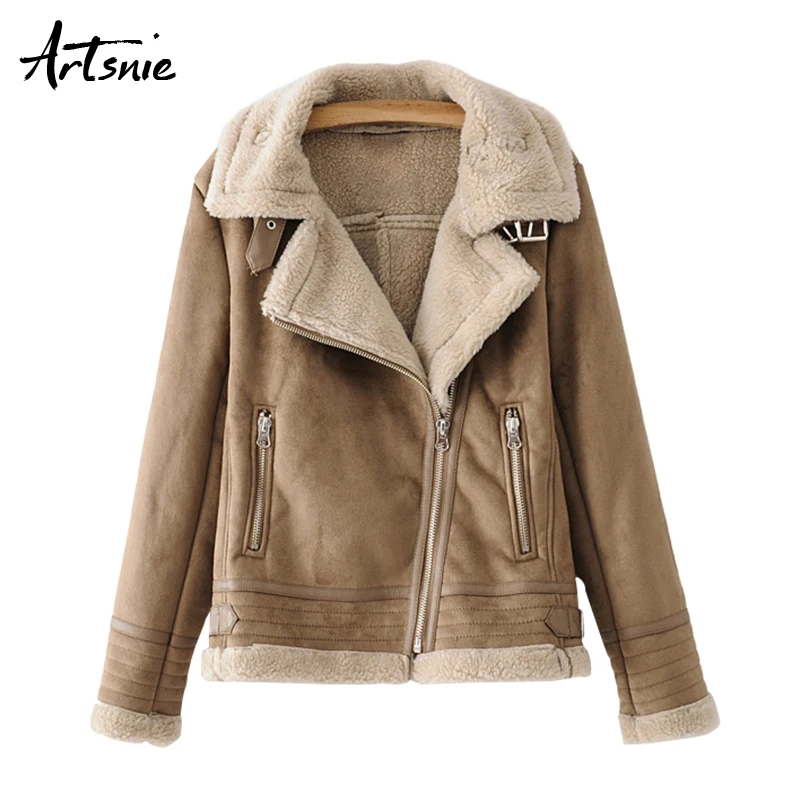 

Artsnie Autumn 2018 Casual Leather Suede Jacket Women Turn Down Collar Long Sleeve Streetwear Fuax Coats Streetwear Girl Jackets