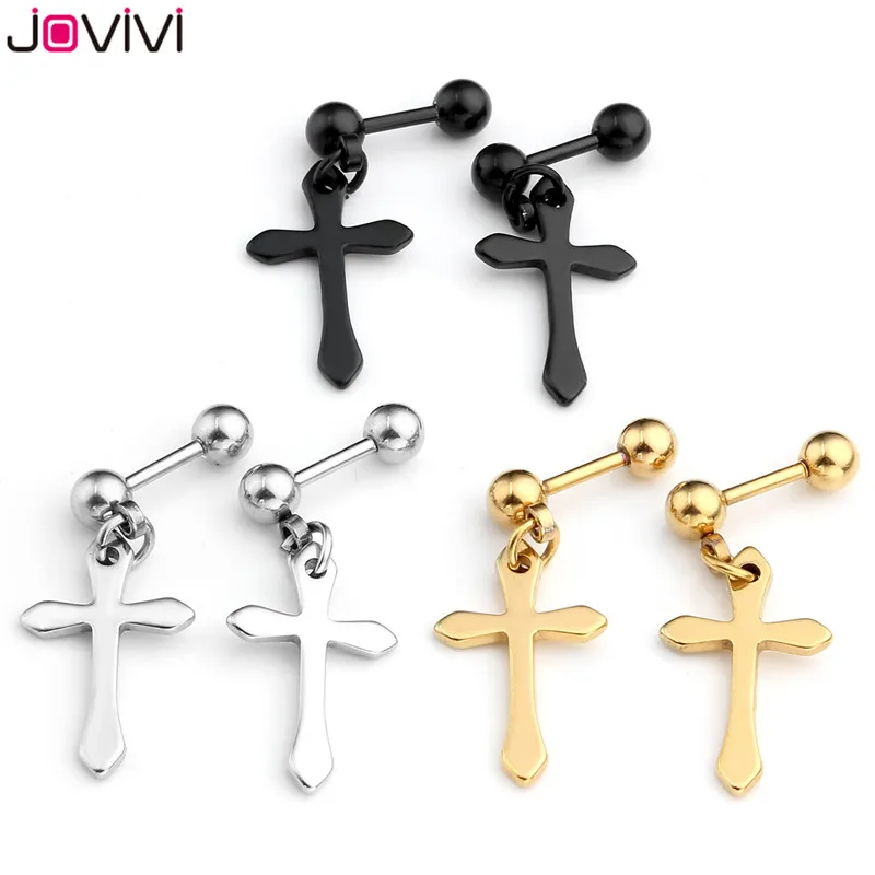 

JOVIVI 2x 16G Stainless Steel Cross Dangle Ear Tragus Cartilage Helix Studs Bar Earring Cruz Ear Piercing Jewelry Silver/Black