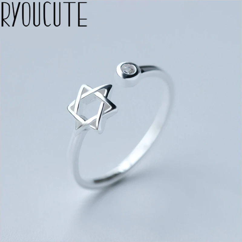 RYOUCUTE-Anillos de Estrella de David para mujer, joyería de Color plata 100% auténtica, joyas antiguas con estilo