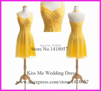

Yellow Bridesmaid Dresses 2015 Halter Handmade Flowers Chiffon Short Wedding Party Dress Knee Length LB056