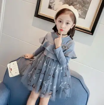 

2019 new children's clothing girls foreign embroidered princess dress children's stitching long-sleeved lace gauze dress