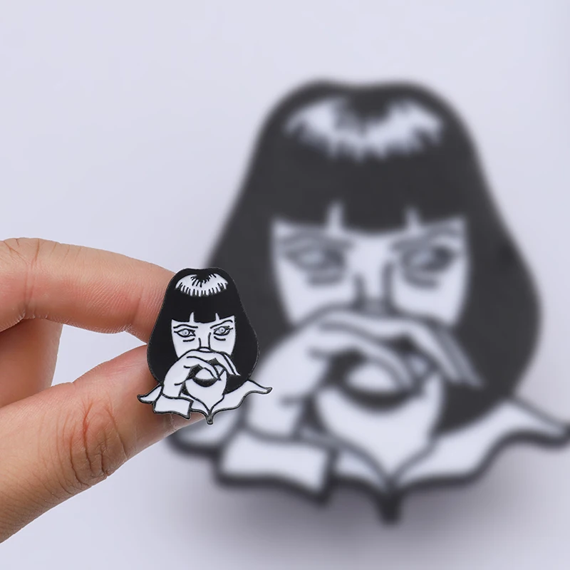 

Pulp Fiction Enamel Pin Quentin Tarantino Classic Movie Cool Girl Mia Gothic Backpack Hats Accessories Punk Brooches Pins