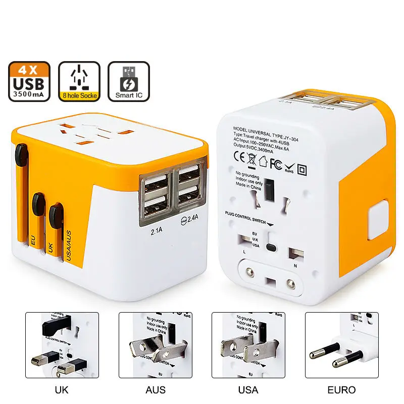 Universal Travel USB Charger Adapter with EU US AU Plug for Mobile Phone Adapters 4 USB Charger CE.ROHS.FCC approved