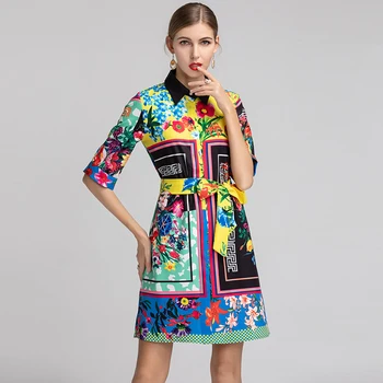 

XF Bohemian 2019 Fashion Milan T-Tai Designer Lapel 1/2 Sleeve Floral Print + Belt Summer Party Beach Casual Holiday Dresses