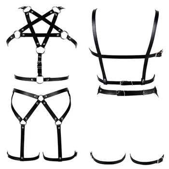 

Pentagram Harness Bra Leather Strap Top Metal Punk Goth Adjustable Bralette Rave Festival Women Garter Belt Lingerie Set Dance