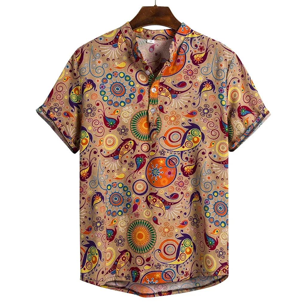 Блузка рубашка мужская Гавайская летняя с принтом Пляжный топ с v-образным вырезом короткий рукав Повседневная рубашка Харадзюку Hombre уличная одежда 19Jun