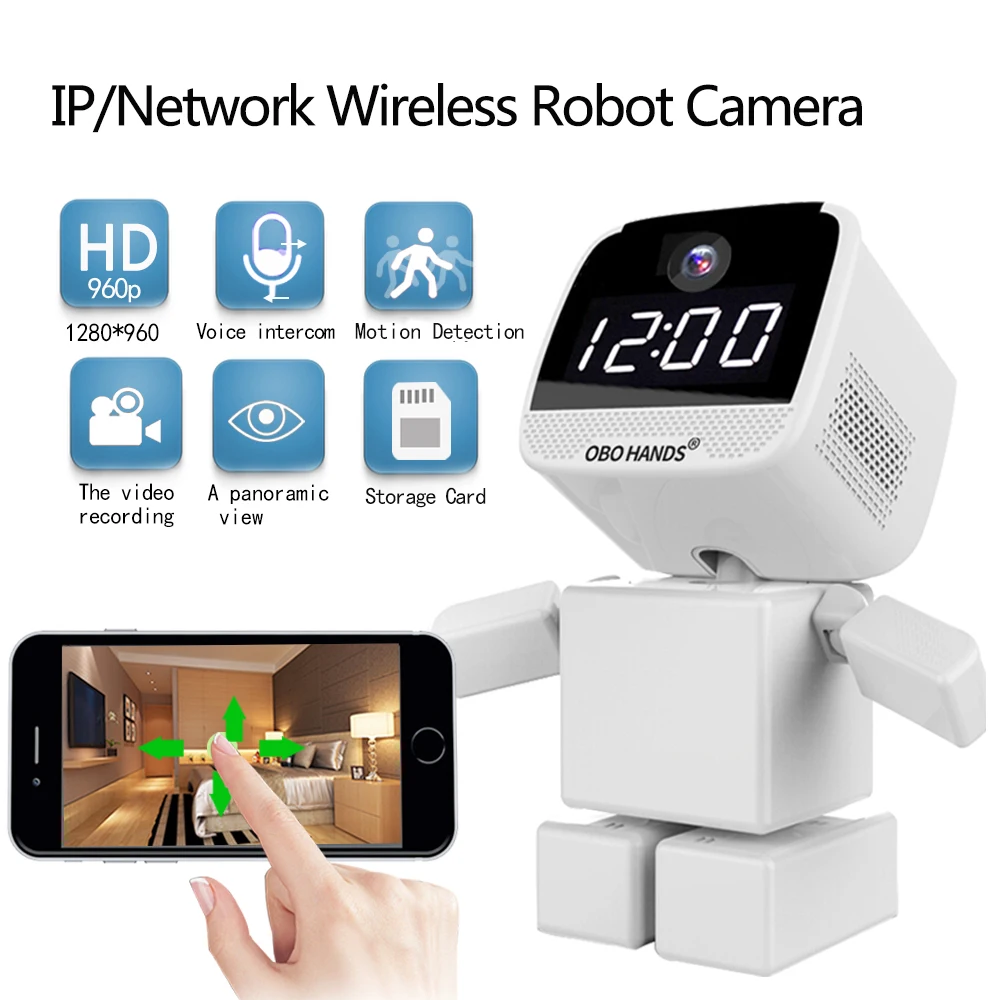 

OBO Hands IP/ Network Wireless Robot Camera 906P HD Two Way Audio Support 64G TF Card with IR Night Vision P2P Cloud WIFI Camera