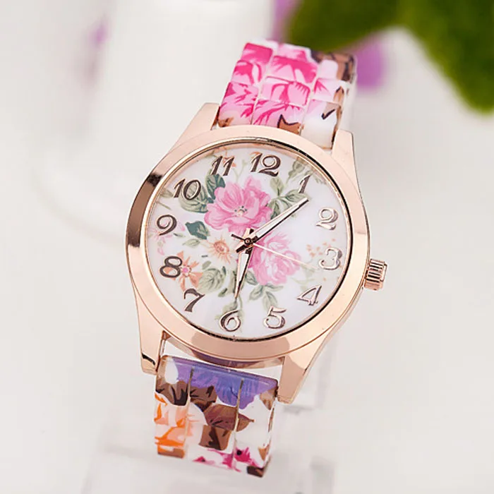 Горячая Распродажа, женские наручные часы erkek kol saati reloj mujer, женские Силиконовые кварцевые часы с цветочным принтом