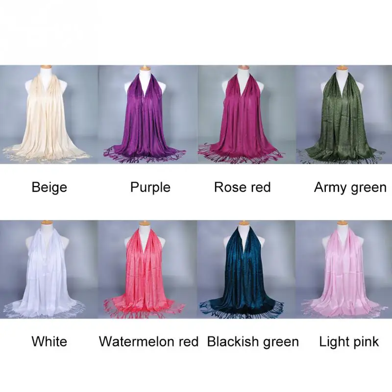 170*60 см, хлопковый шарф, шаль для женщин, кисточка, бахрома, блестящая Длинная накидка, хиджаб, палантин, сплошной цвет, хиджаб, шарфы для женщин, элегантные