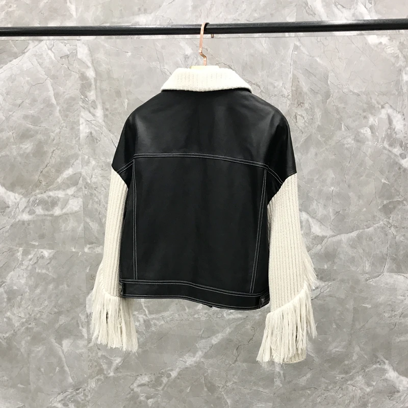 Women's Short SheepskinKnitted Fringe Sleeve Jacket Thin Shorts Leather Set Genuine Leather Jacket  Genuine Leather Jacket