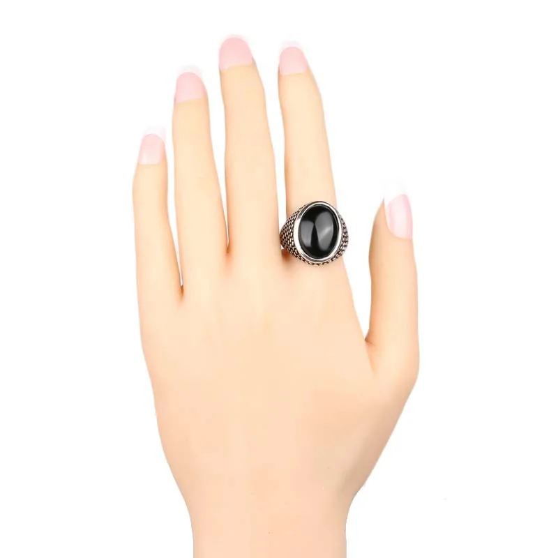 Kinel Luxury Vintage Men's Rings Punk Black Ring Silver Color Oval AAA Resin Turkey Jewelry 2017 New