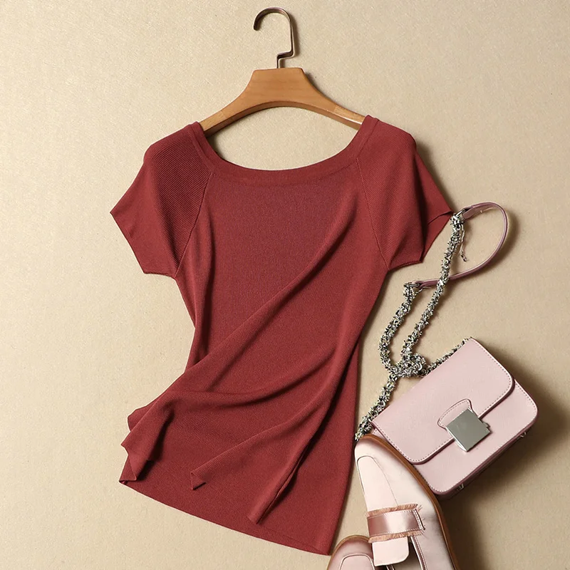 

spring/summer 2019 new design women silk knitted t-shirts slim smooth elegant t-shirt outwear tops work clothing