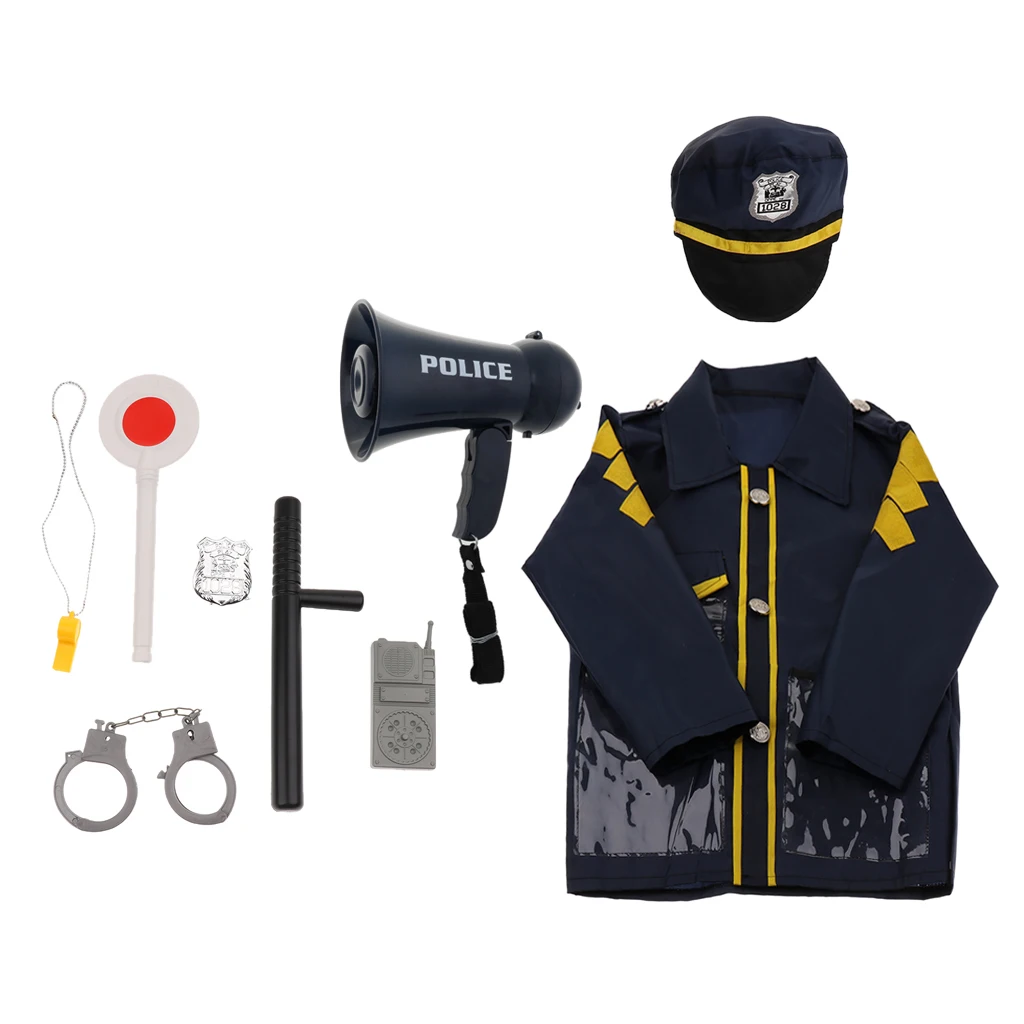 9pcs Toys Police Megaphone w/ Siren Sounds for Policeman Outfit Costume Dress Up Playset - Boy Detective Officer Role Play Game