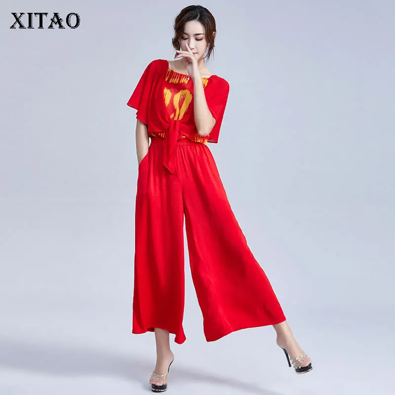 XITAO комплект из двух предметов, Женская корейская мода, с принтом, шифон, нерегулярный Топ, Женская эластичная талия, квадратный воротник