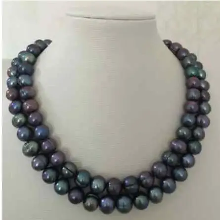 

double strands 11-12mm tahitian black green pearl necklace32