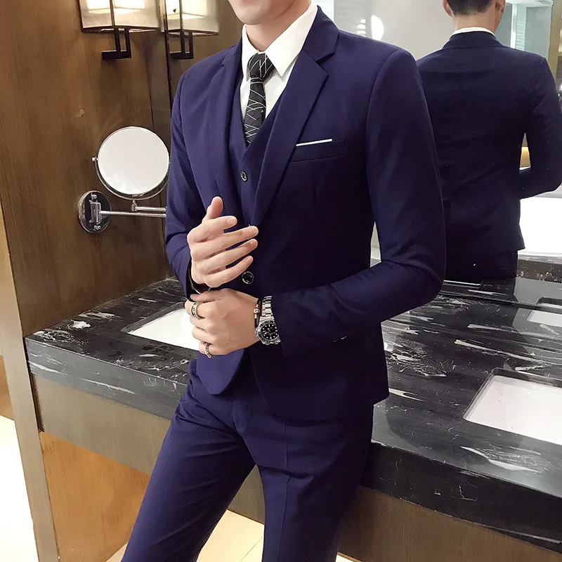 

Suit 3-piece men's fashion boutique blazer (coat + pants + vest) men's groom groomsmen wedding dress one-button business suits