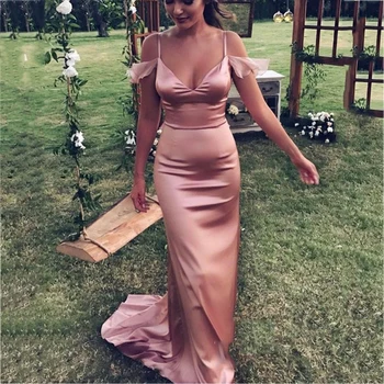 

2018 African Sexy V-Neck Satin Sheath Bridesmaid Dresses Simple Cap Sleeve Cheap Arabic Long Party Gowns Prom Dress Custom Made