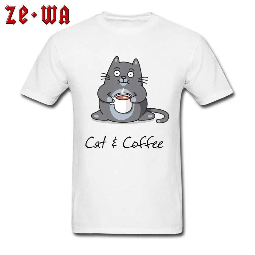Cat and Coffee Tshirts Short Sleeve Casual Company Men VALENTINE DAY T Shirt Casual Tops T Shirt O-Neck 100% Cotton Cat and Coffee white