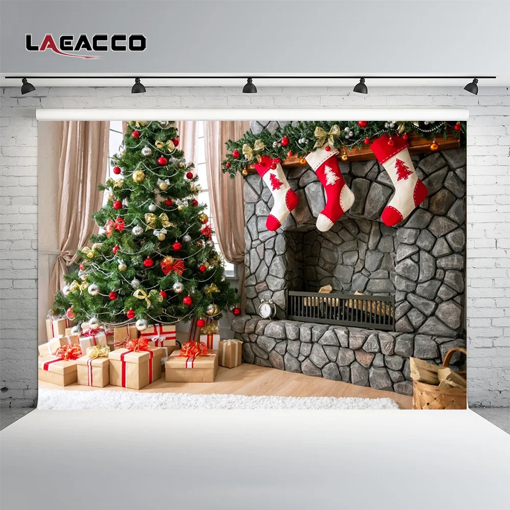 Laeacco рождественские украшения Дерево подарки носки на камин интерьер фотографии фоны Индивидуальные фотографии