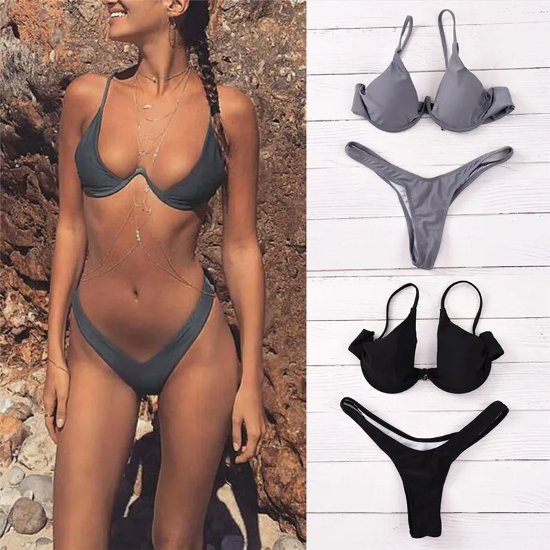 

2018 New Sexy High Cut Thong Bikini Sets High Waist Bikini sets Women Solid Color New Arrival