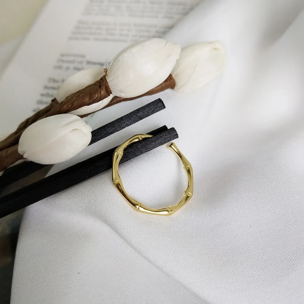 

SHANICE 925 Sterling Silver Ring With Personality Fashion Gold Colour Bamboo Open Ring For Women Valentine's Day Gift