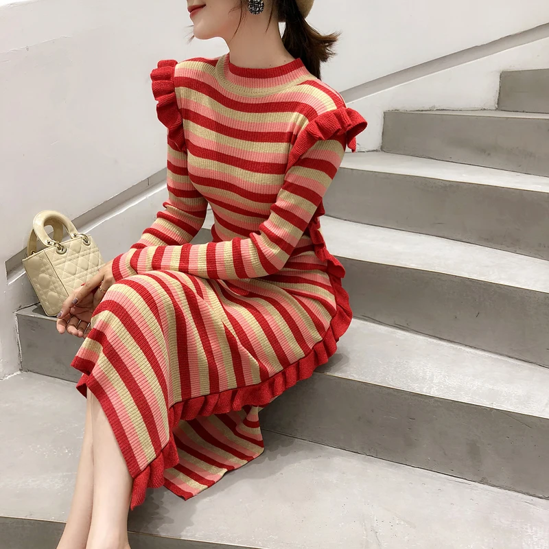 

2018 Ladies Contrast Color Striped Sweater Dresss Long Sleeve Stand Neck Side Slit Knit Pencil Midi Dress Women Elegant Vestidos