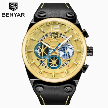 

BENYAR Men's Watch Casual Fashion Trend Luxury Clock Waterproof Leather Quartz Watch Gold Chronograph Military Relogio Masculino