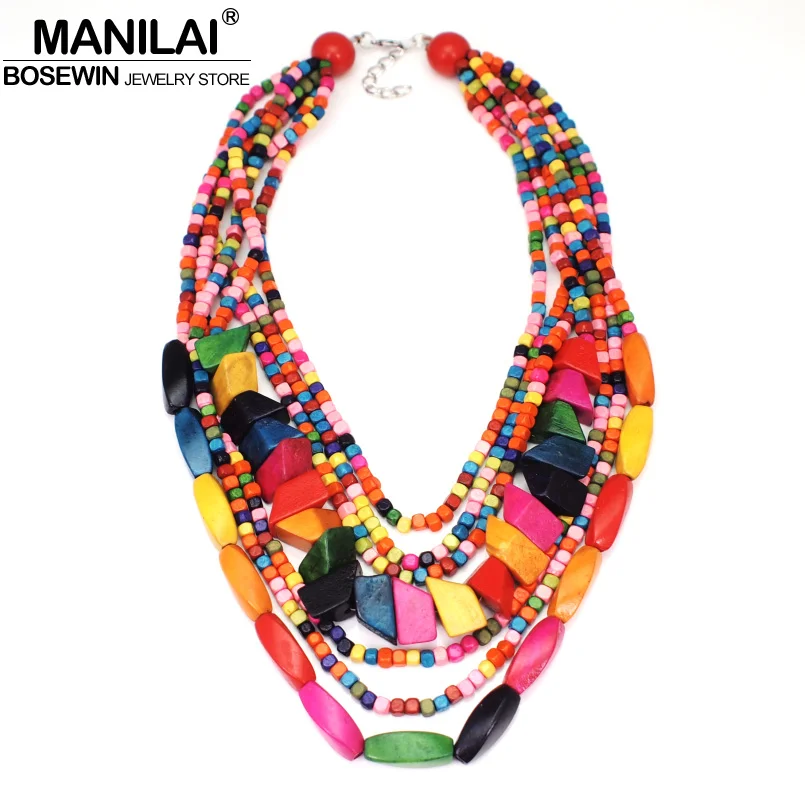 MANILAI Bohemian Multilayer Wood Bead Choker Necklaces For Women Handmade Beaded Statement Necklace Jewelry 8 Colors