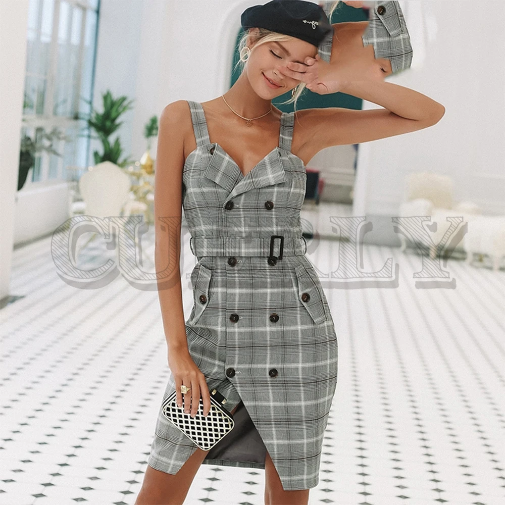 

CUERLY Plaid Strap women dress office lady High waist split sash short dress Double breasted casual autumn winter dress 2019
