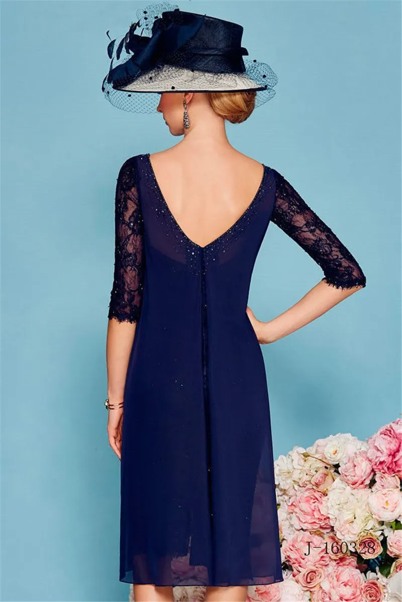 2017 Mother Of The Bride Dresses With Jacket Cap Sleeves Navy Blue Short Evening Dresses Mother Dresses vestido de madrin (1)