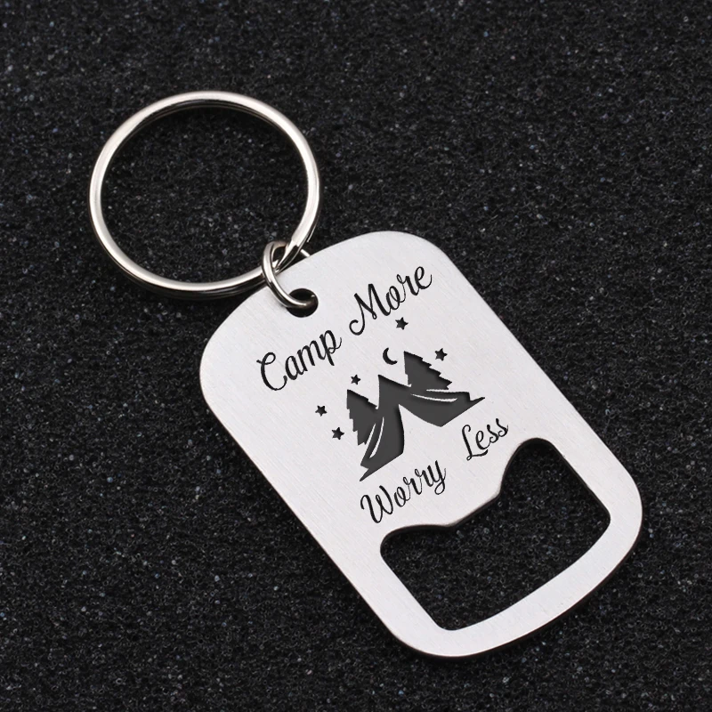 Bottle Opener Shaped Keychain&quotCamp More Worry Less&quot Stainless Steel Keyring For Camp Enthusiast Jewelry Key Fob | Украшения и