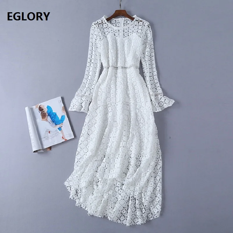 

Lace Long Dress 2019 Spring Summer Party Evening Vestdiso Women Hollow Out Lace Embroidery Flare Sleeve Elegant Maxi Dress Festa