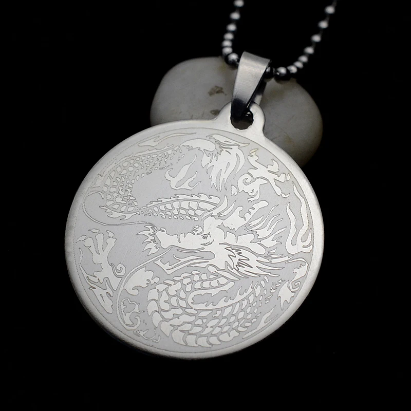 Men's High Polished Stainless Steel Chinese Dragon Round Charm Pendant